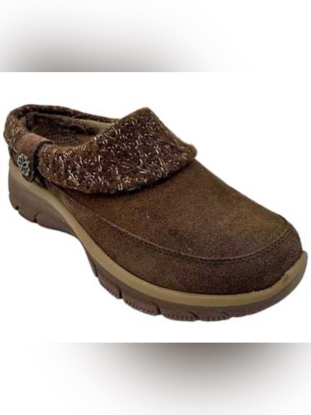 Skechers Easy Going Mules Comfort Shoes Choc Brown Suede Faux Fur Women's Sz 8
